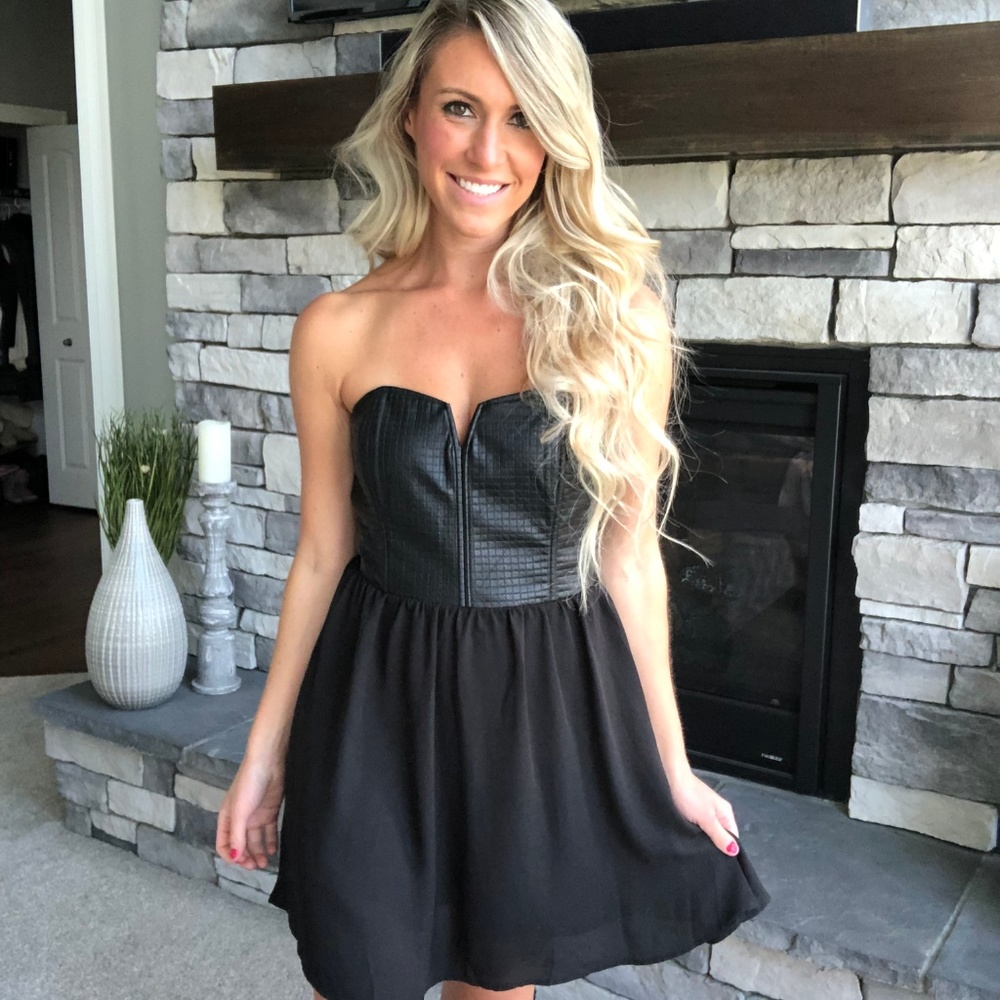Black Strapless Dress with Faux Leather Top